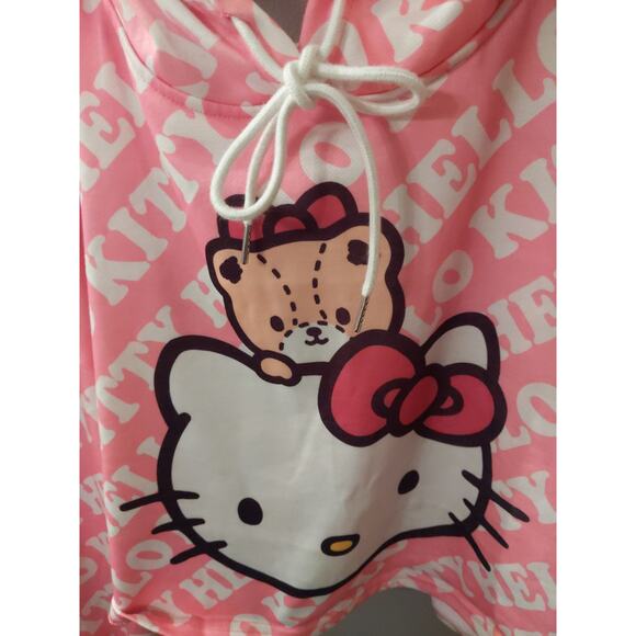 HELLO KITTY Pink Cropped Hoodie Oversized M/L Kawaii Y2K Teddy Bear Logo - Picture 4 of 7